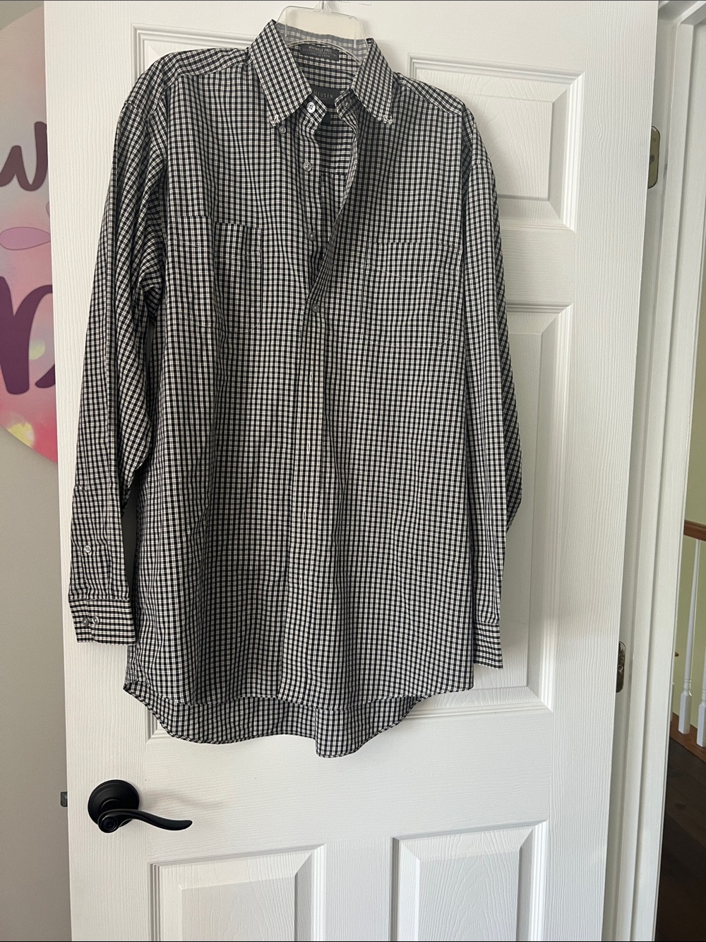 Men's blue Black & White Check  button down Dress Shirt large tall Van Heusen